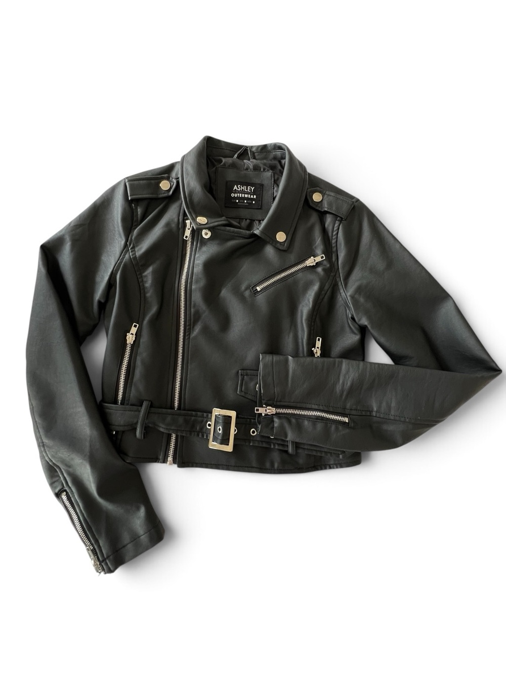Ashley Outerwear Black Faux Leather Moto Biker Jacket Size Medium